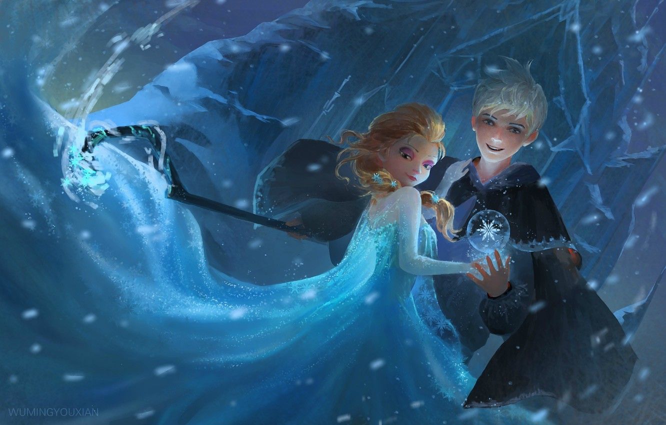 Wallpaper girl, snow, art, staff, Frozen, guy, Rise of the Guardians, Rise of the guardians, Jack Frost, Elsa, Elsa, Jack Frost, Cold heart image for desktop, section фильмы