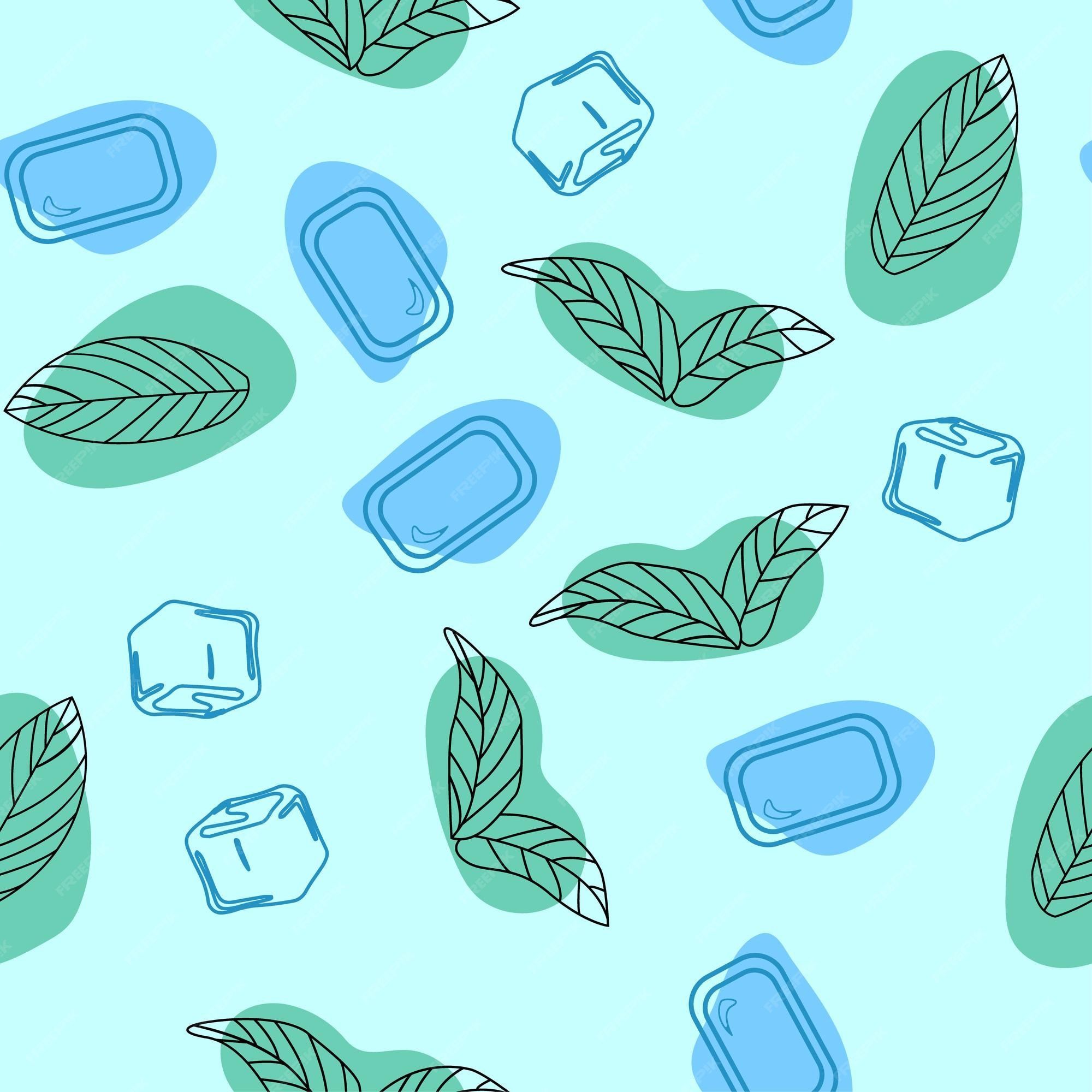 A pattern of ice cubes, leaves, and rectangular shapes on a blue background - Mint green