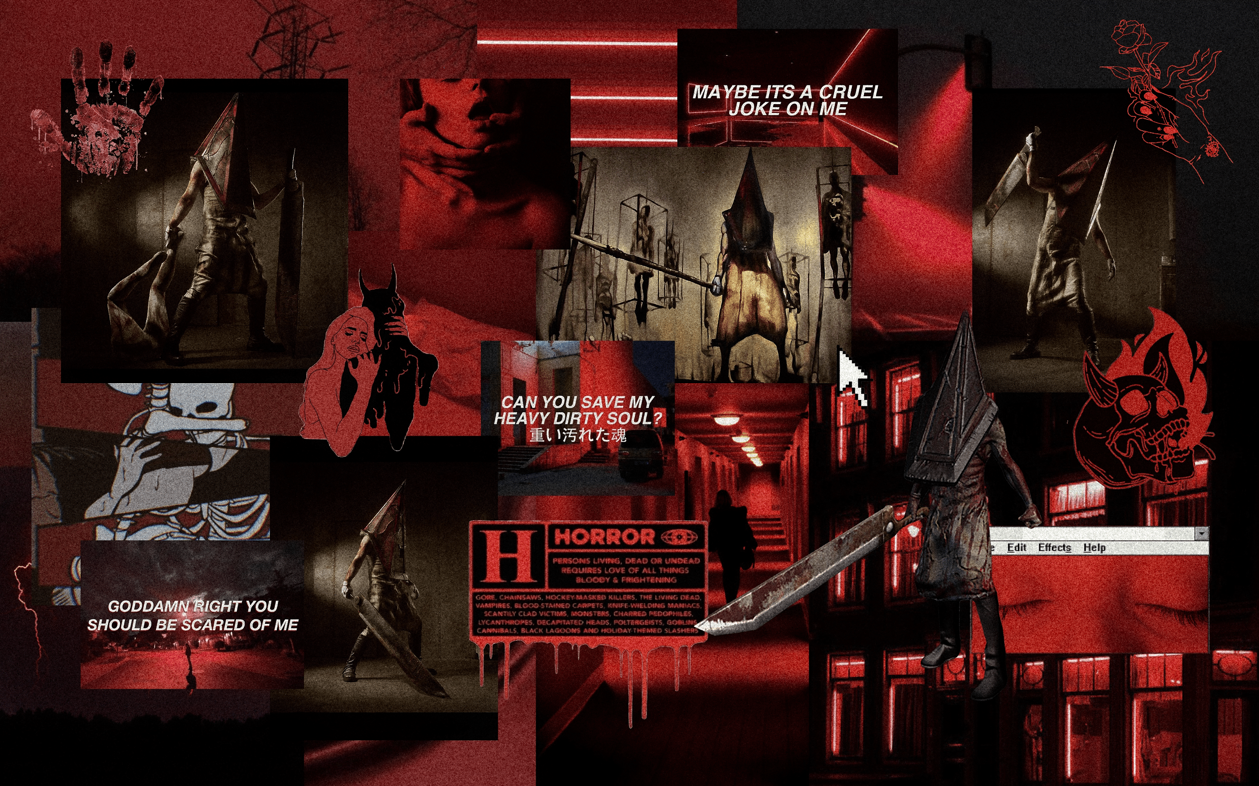 A collage of red and black horror images including Pyramid Head, a knife, and a bloodied hand. - Horror