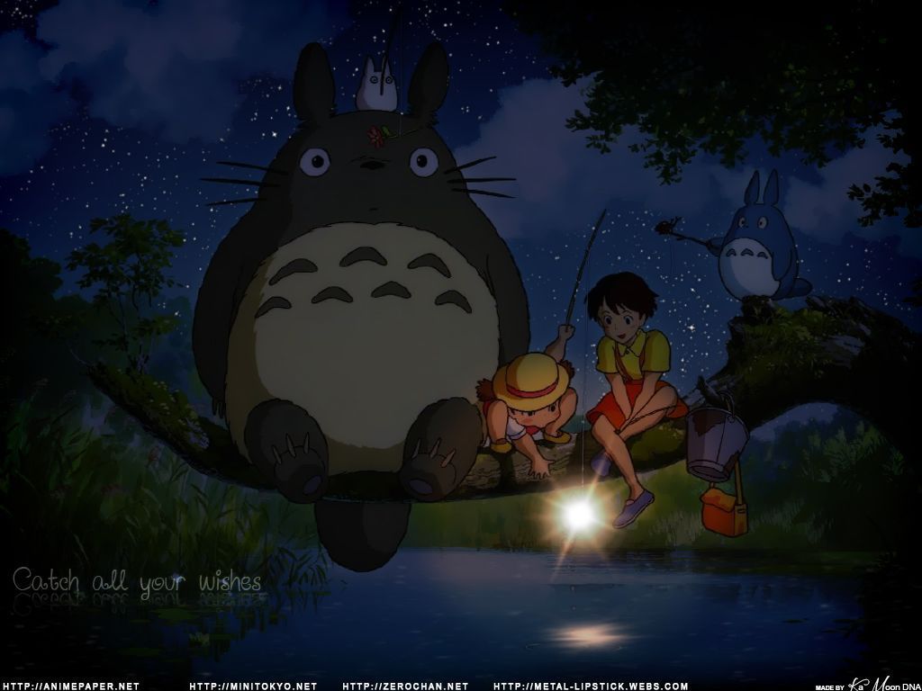 A cartoon of totoro and two children sitting on the branch - My Neighbor Totoro