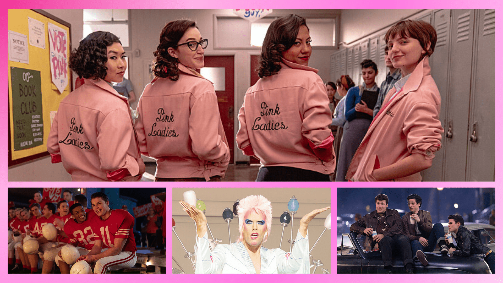 A collage of images from the film Grease, including stills from the movie and a photo of the Pink Ladies wearing pink jackets. - Will Poulter