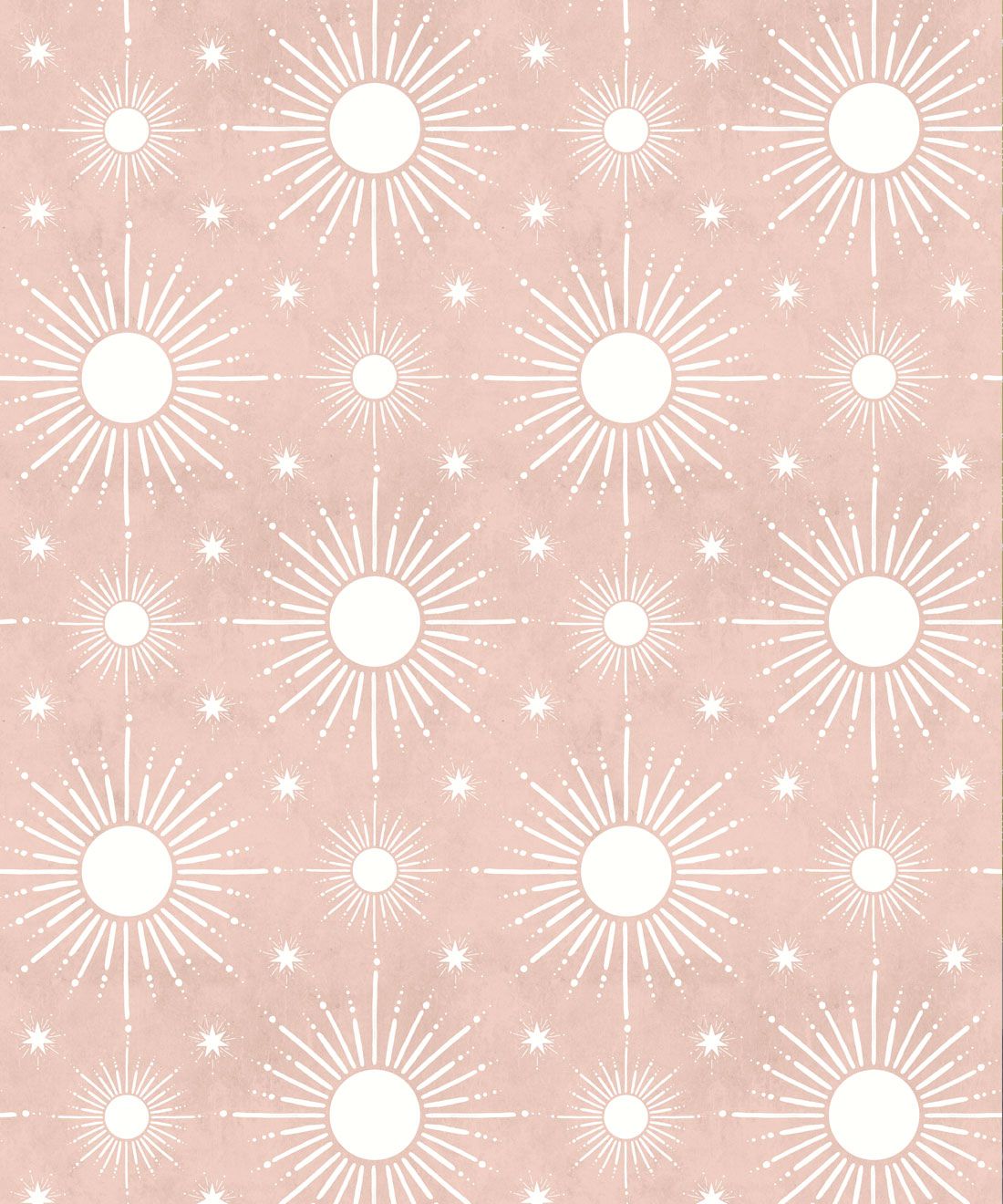 Pattern of white suns and stars on a pink background - Hot pink, salmon, light brown, light pink