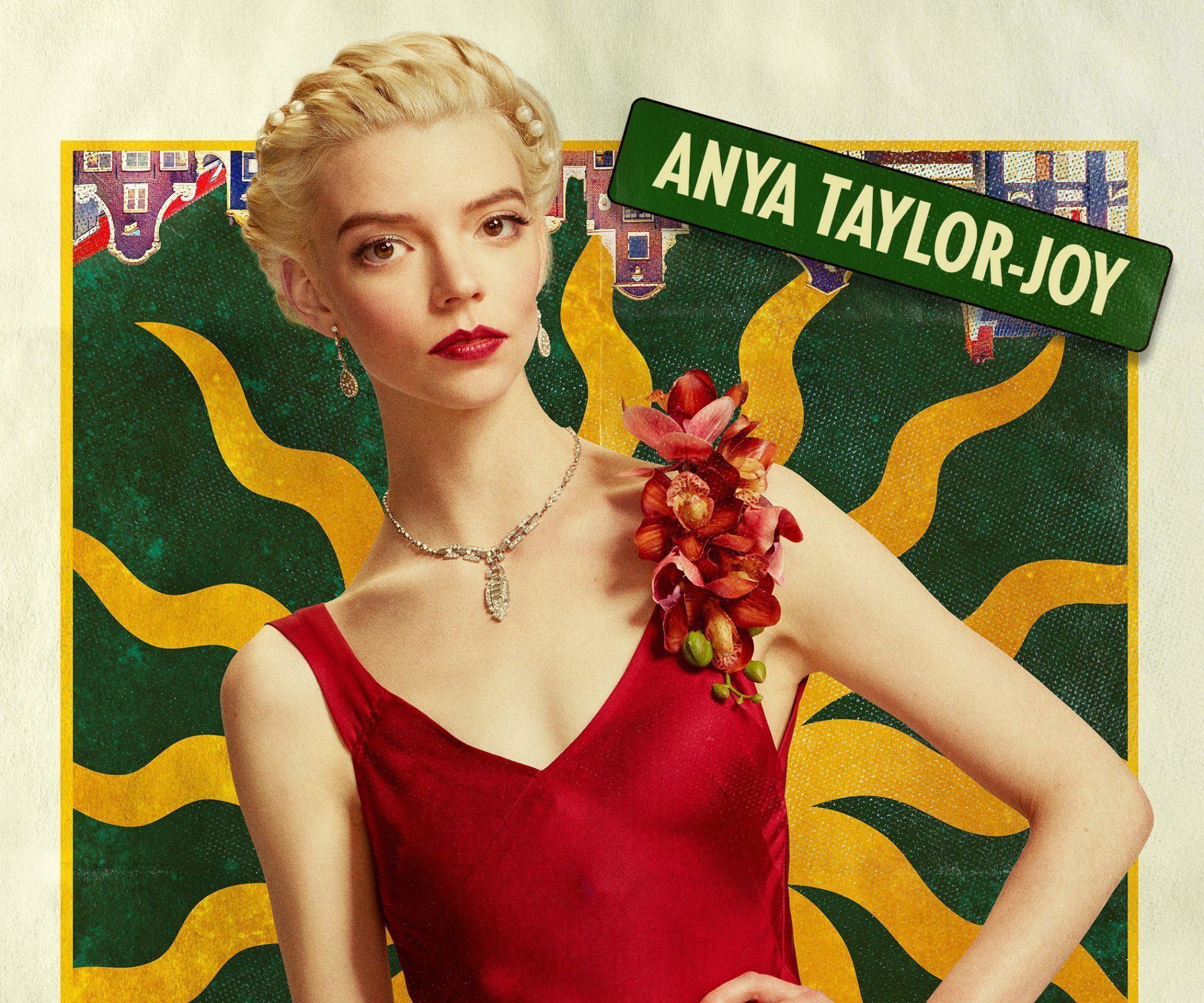 A woman in red dress with flowers on her neck - Anya Taylor-Joy