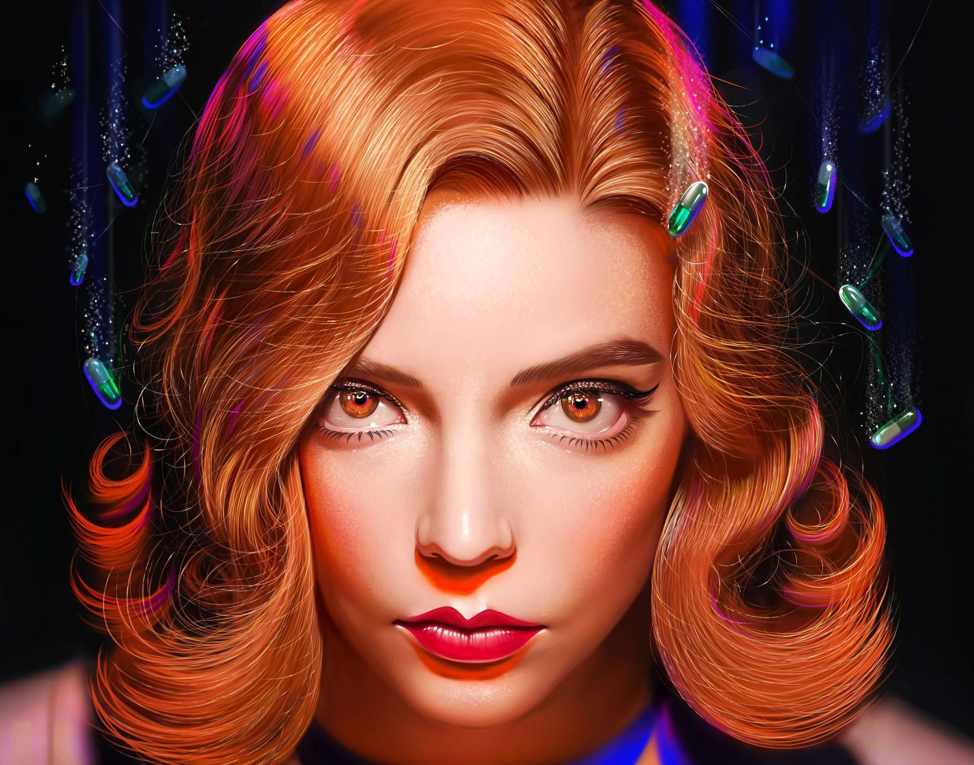 A digital painting of a red haired woman with glowing orange eyes - Anya Taylor-Joy