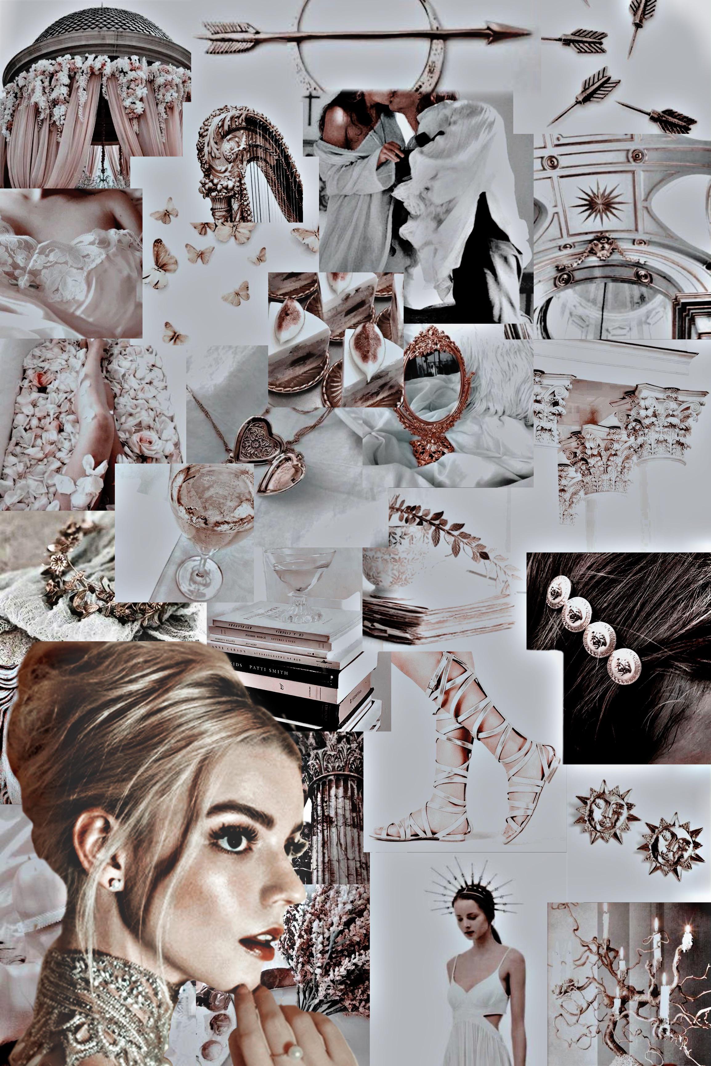 Aesthetic collage of photos in white, black, and rose gold. - Anya Taylor-Joy