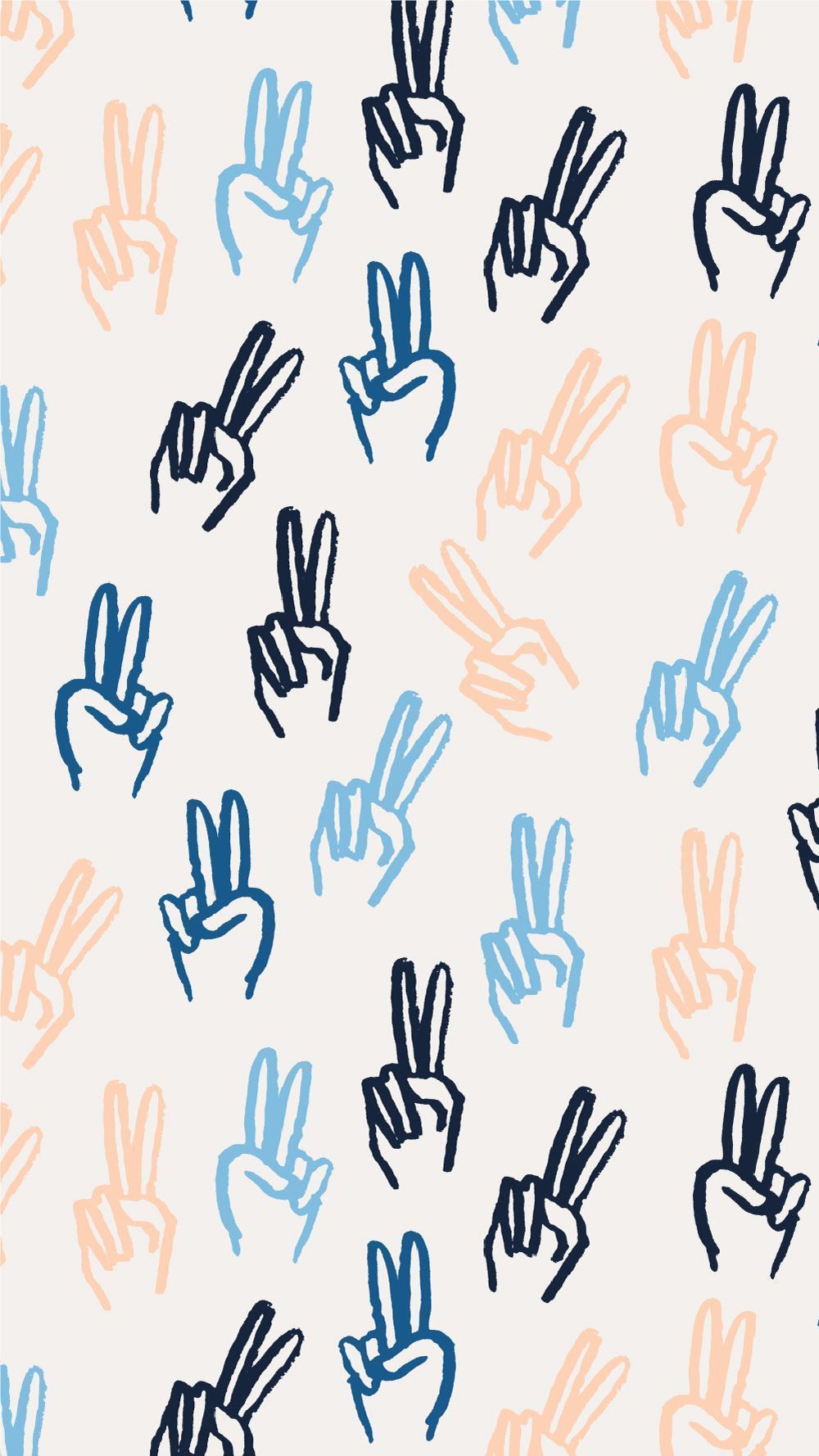 A pattern of hands making the peace sign in blue, peach, and navy. - Peace