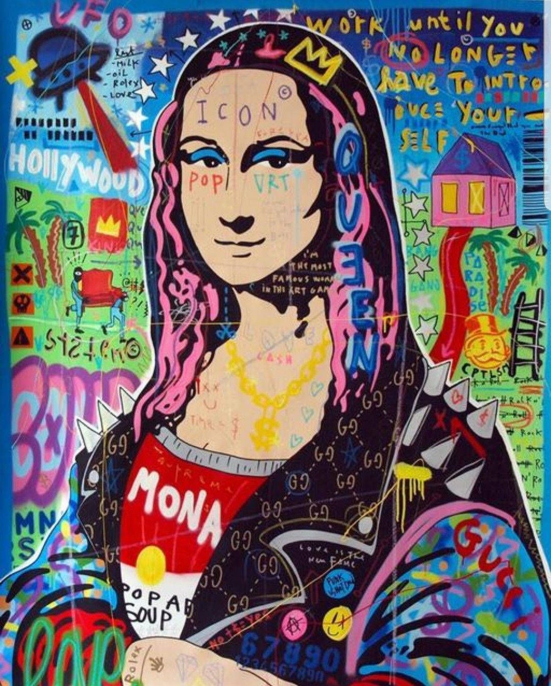 A painting of Mona Lisa wearing a red Mona Lisa shirt and a yellow cross necklace. - Mona Lisa
