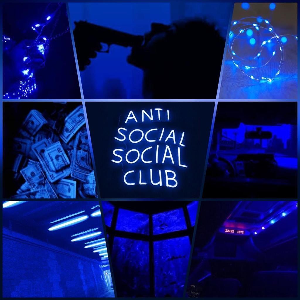 Aesthetic background with blue neon lights and a sign that says 