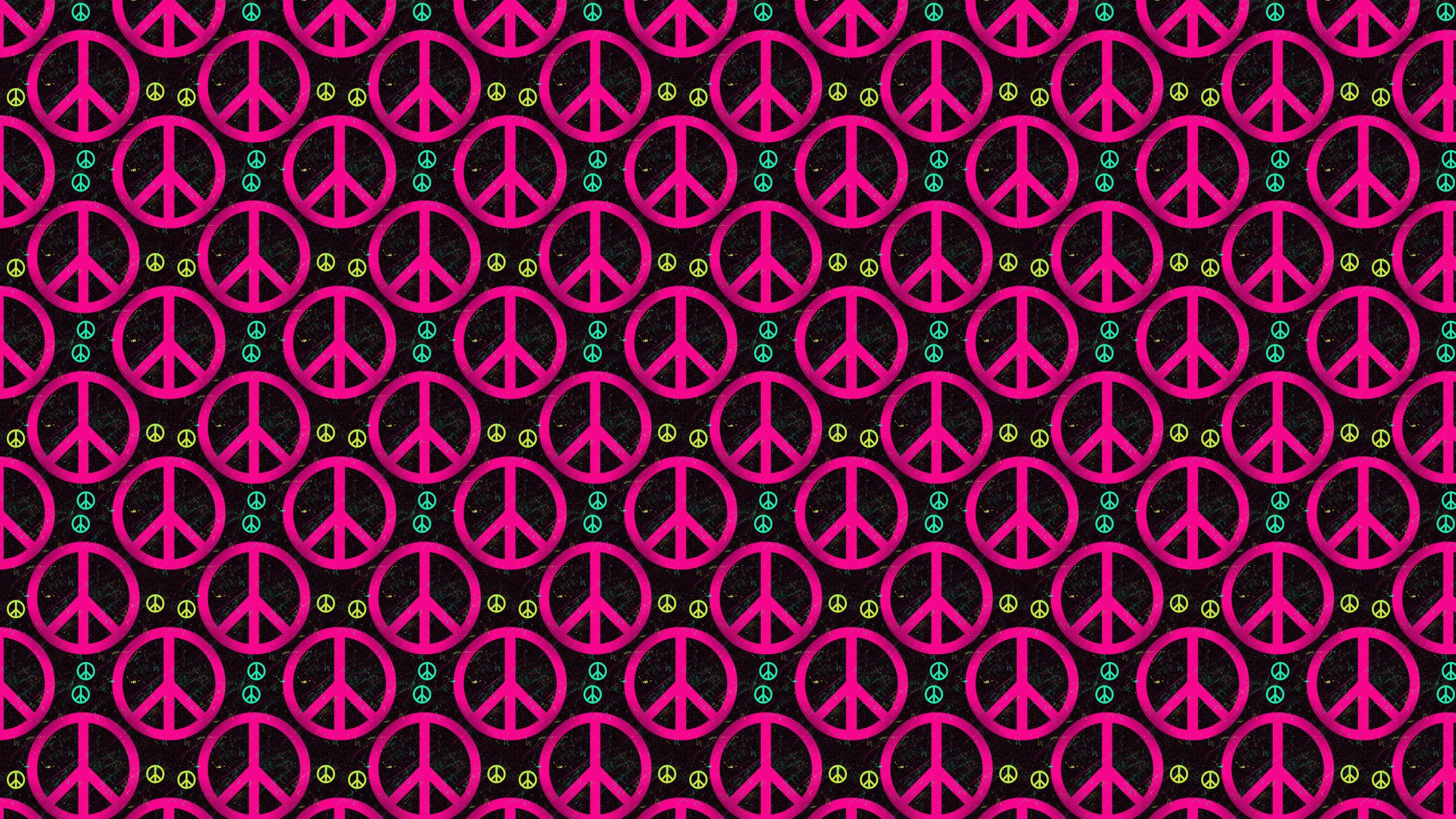A pattern of pink peace signs on a black background - Peace