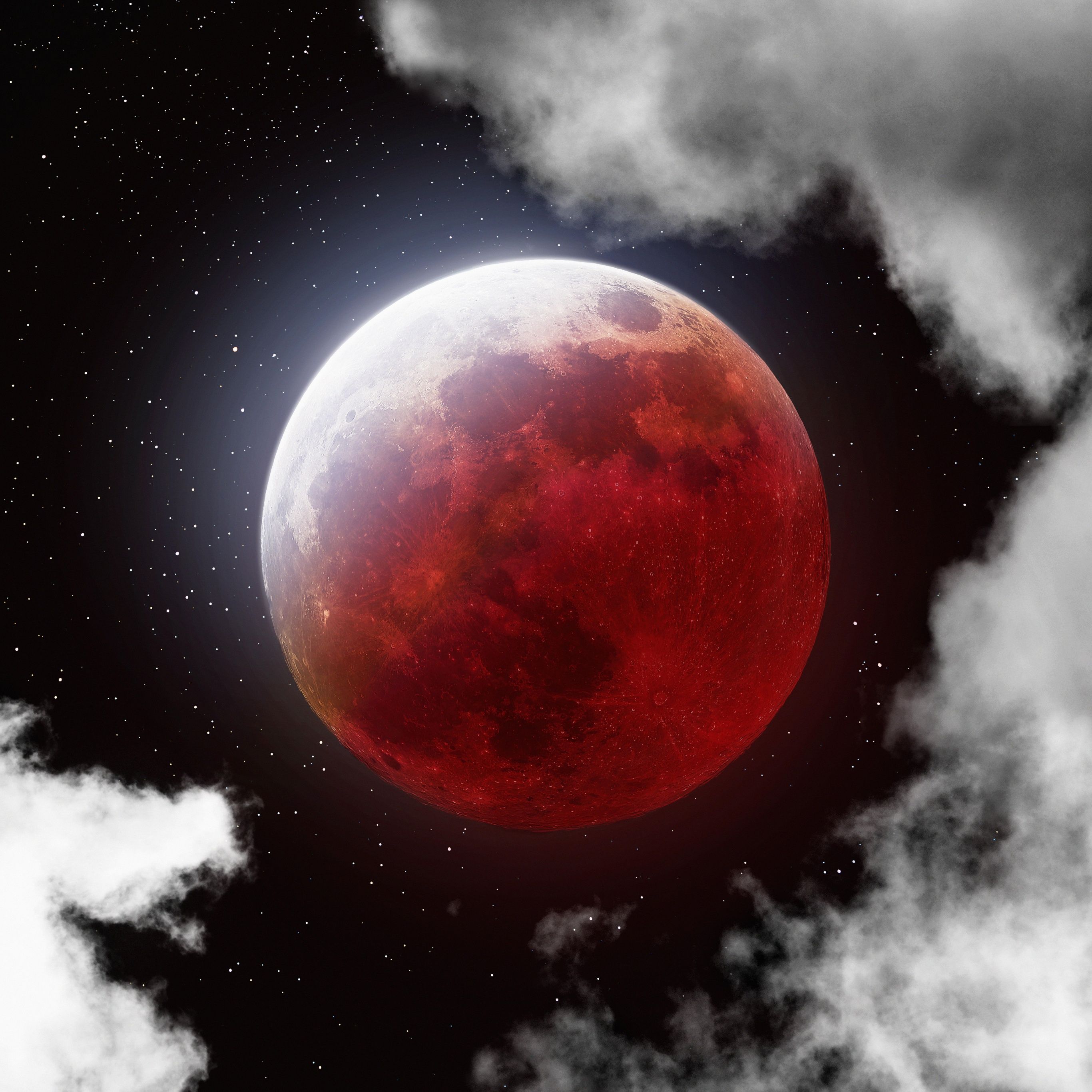 Lunar Eclipse Wallpaper 4K, 8K, Blood Moon, Clouds, Stars