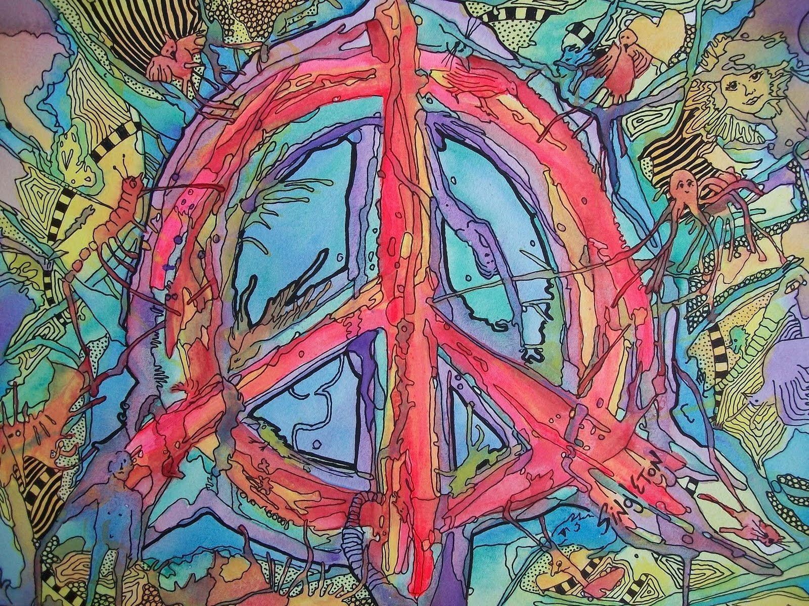 A painting of a peace sign surrounded by images of people and animals. - Peace