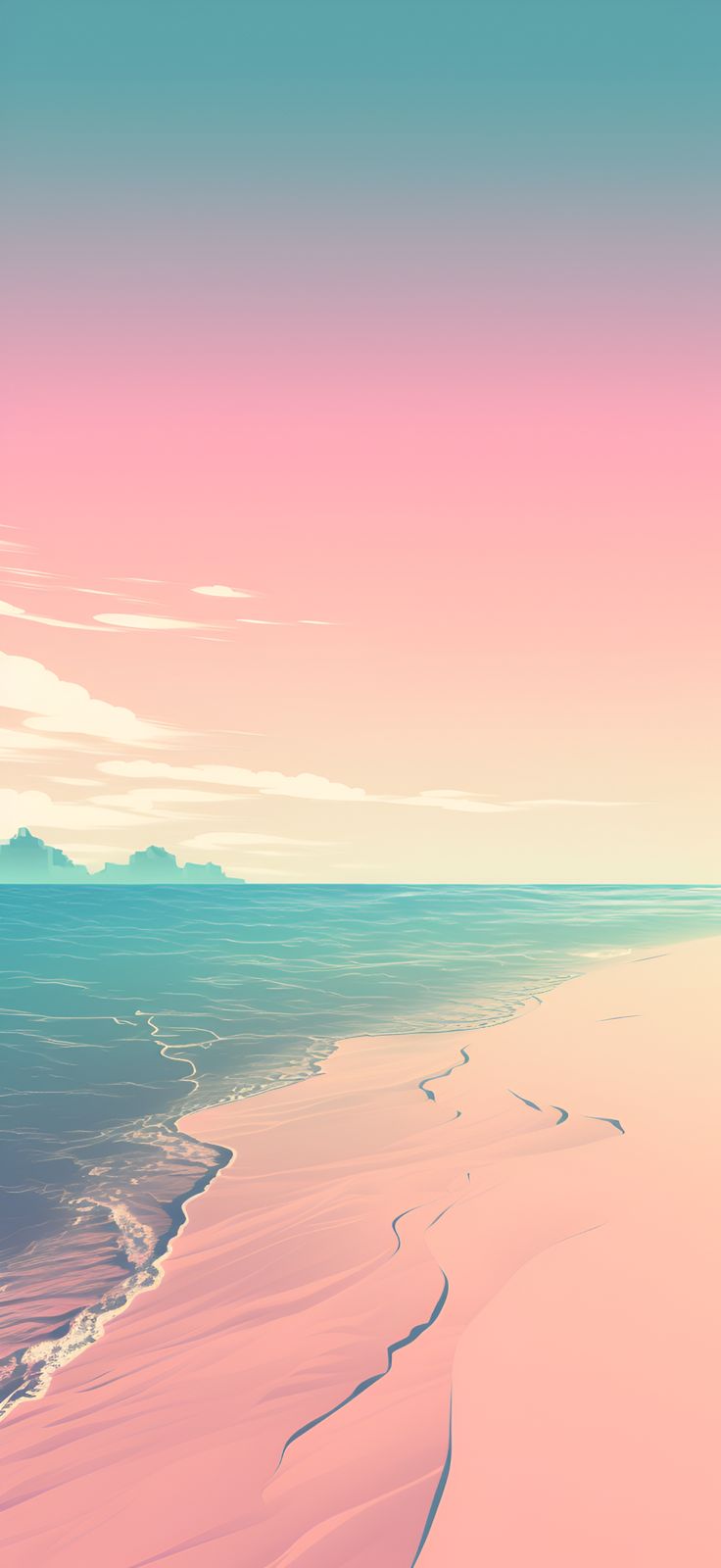A pink sunset beach with footprints in the sand - Android
