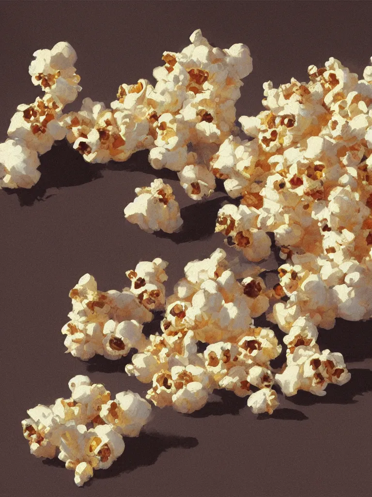 A pile of popcorn on a brown table. - Popcorn