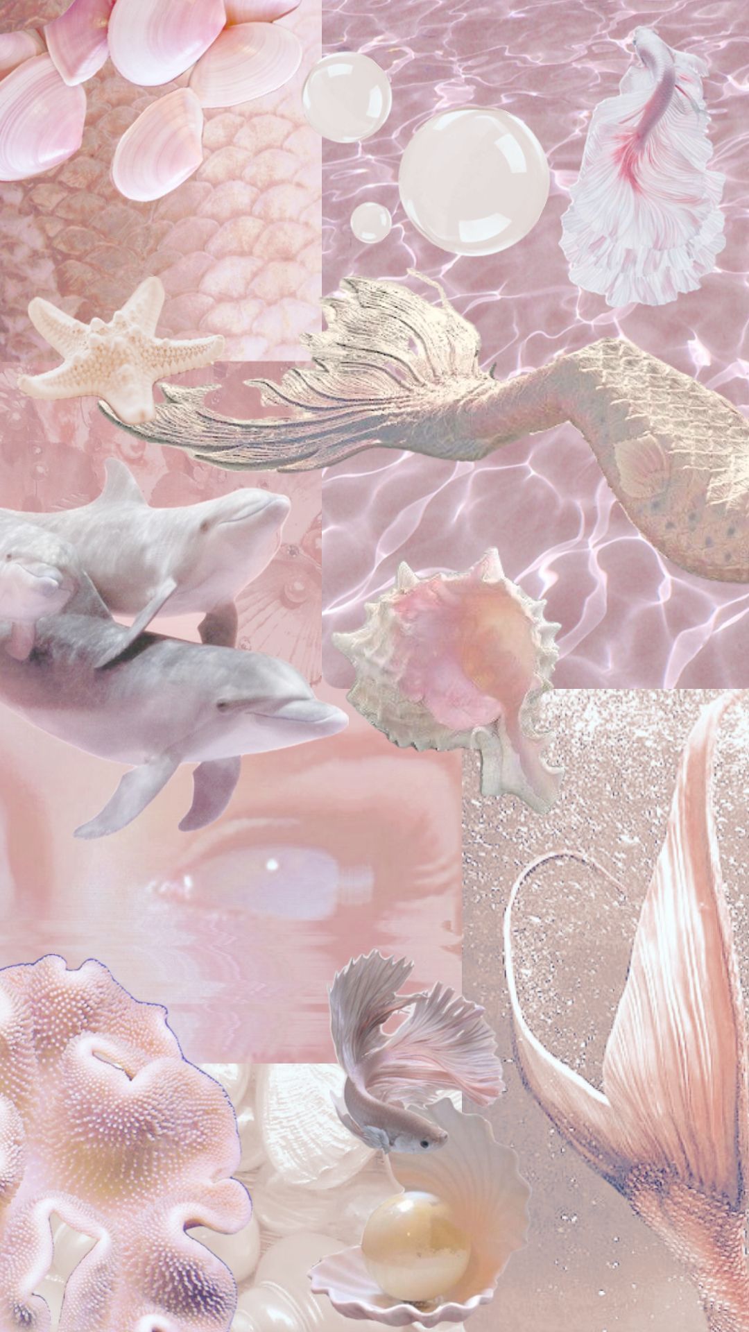 IPhone wallpaper of a pink aesthetic with a collage of dolphins, jellyfish, seashells, and mermaids - Mermaid