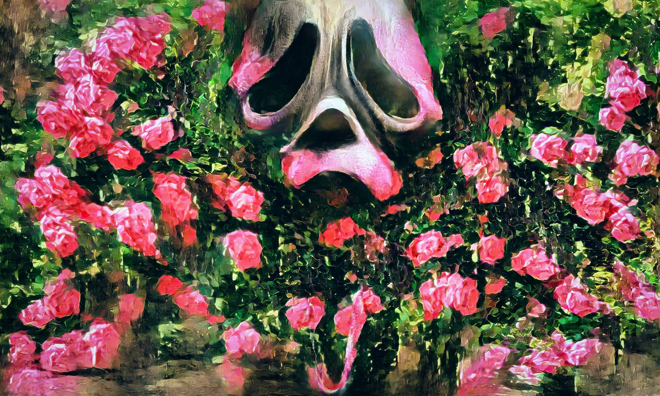 A painting of flowers and skulls - Ghostface
