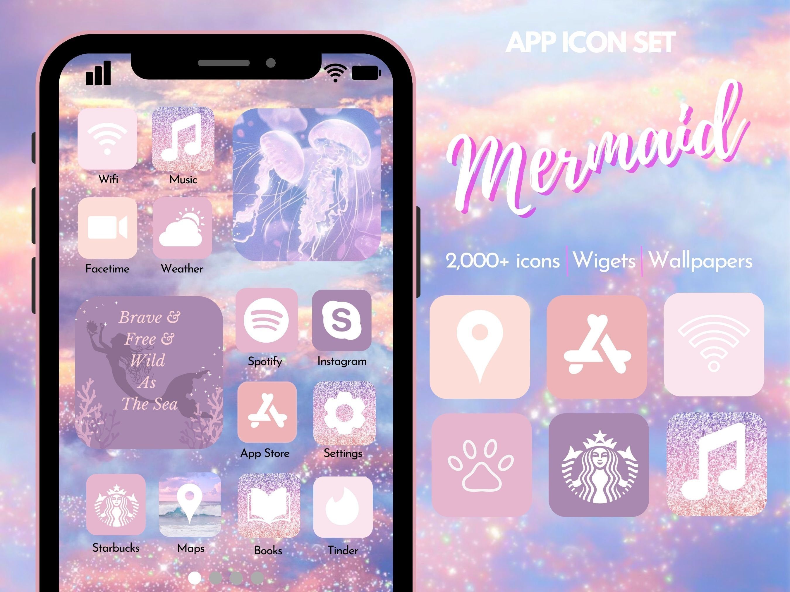 A phone with the Mermaid App Icon Set on the screen. - Mermaid