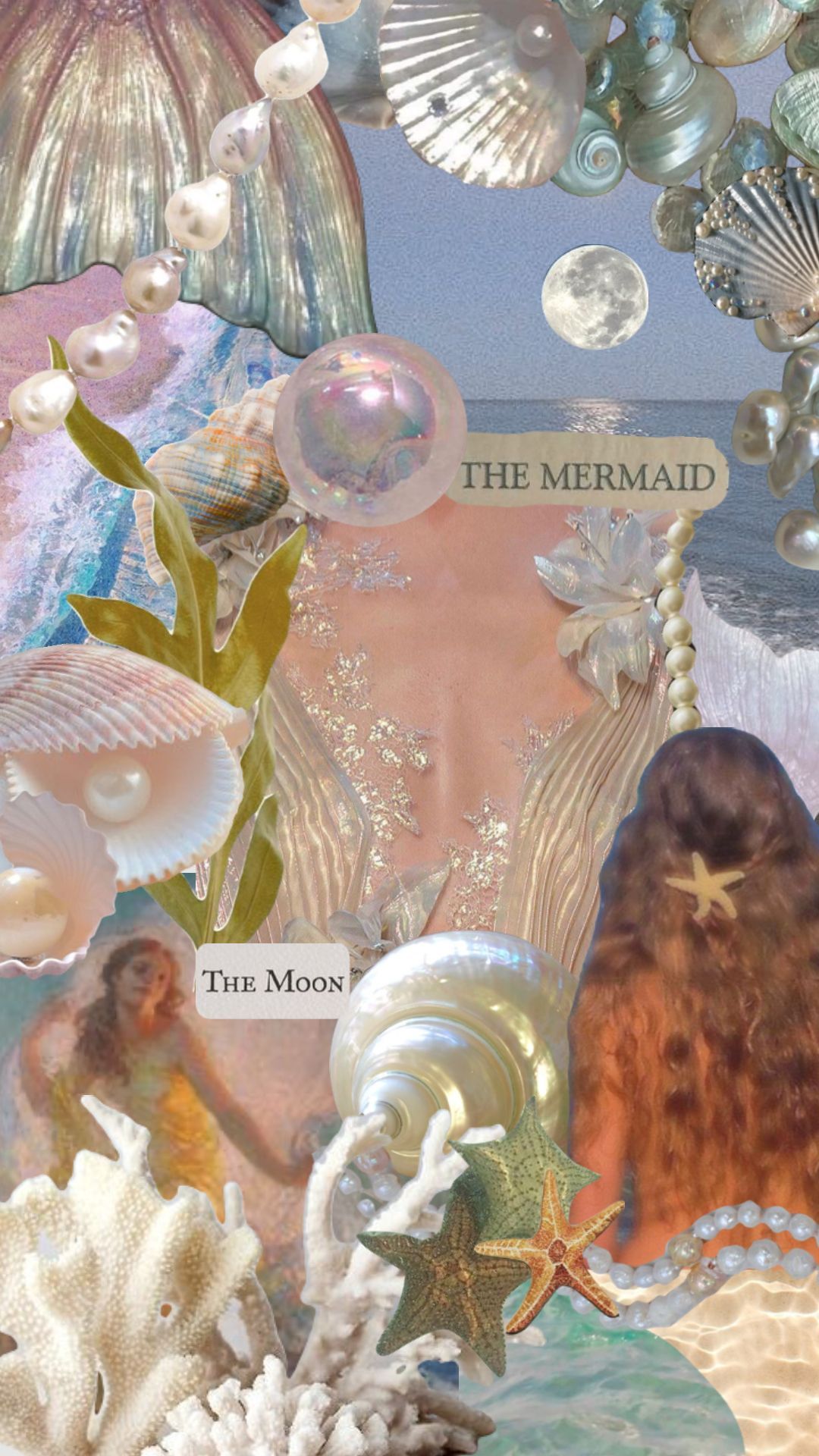 Collage of a mermaid with shells, starfish, and a moon - Mermaid