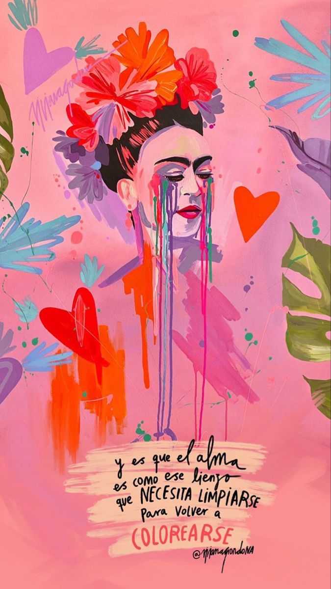 A colorful poster of frida kahlo with flowers and leaves - Frida Kahlo