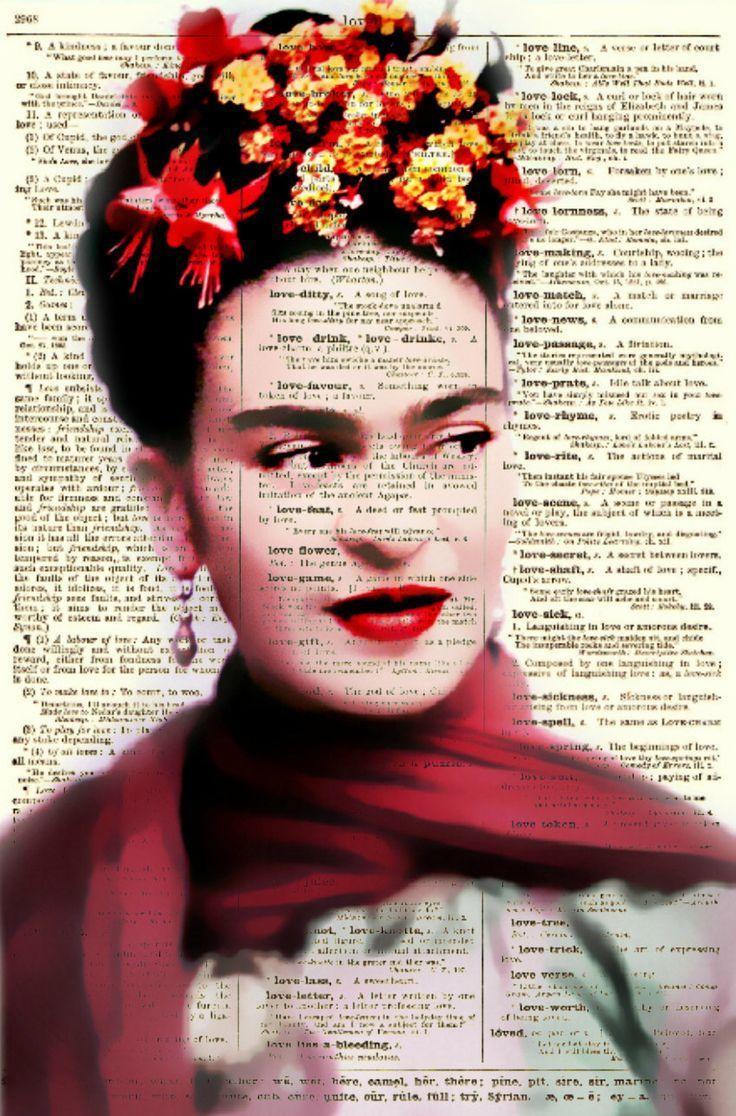 Frida kahlo on dictionary page with flowers in her hair - Frida Kahlo
