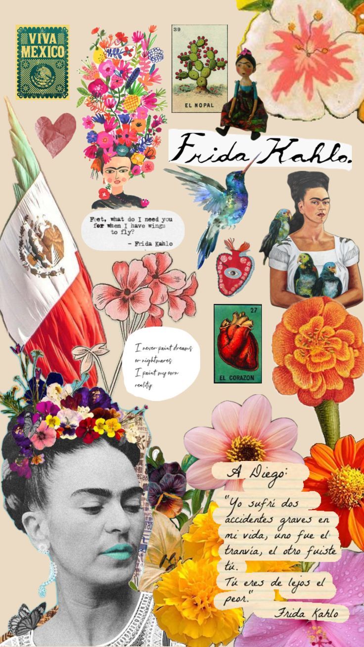 A collage of images with flowers and text - Frida Kahlo