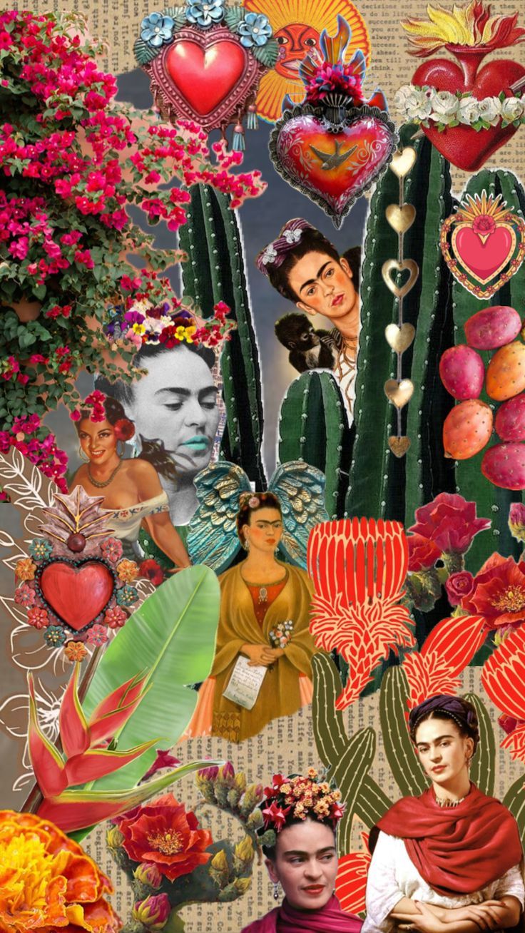 A collage of various images with flowers and hearts - Frida Kahlo