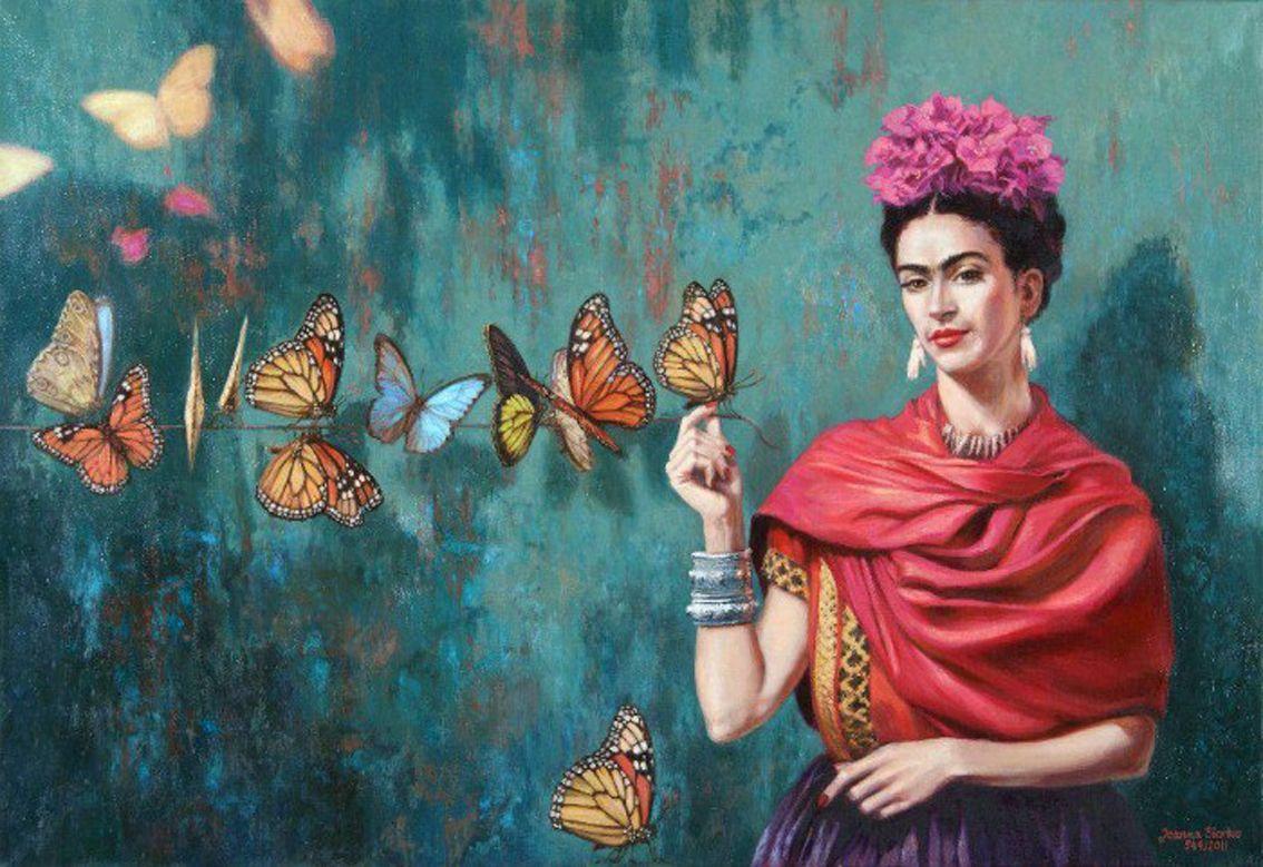 A painting of frida kahlo with butterflies - Frida Kahlo