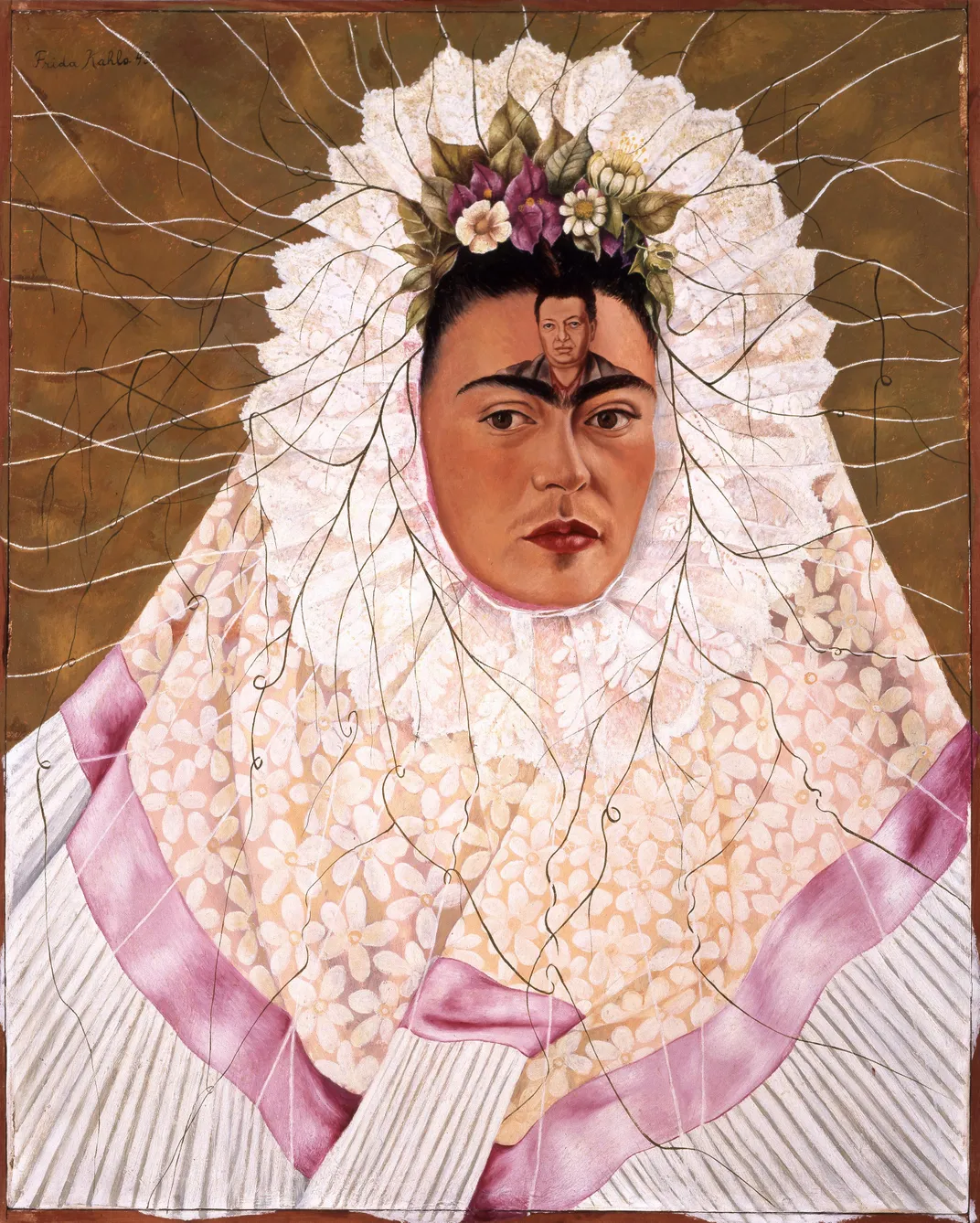 A painting of frida kahlo with flowers on her head - Frida Kahlo