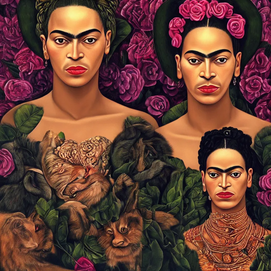 A digital artwork of Frida Kahlo with a background of roses and a monkey on her shoulder. - Frida Kahlo