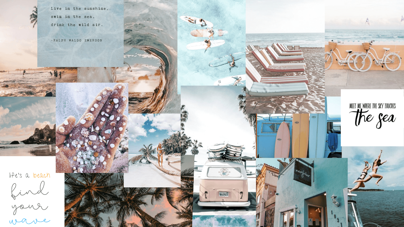 A collage of beach photos, including surfboards, bicycles, and palm trees. - Beach