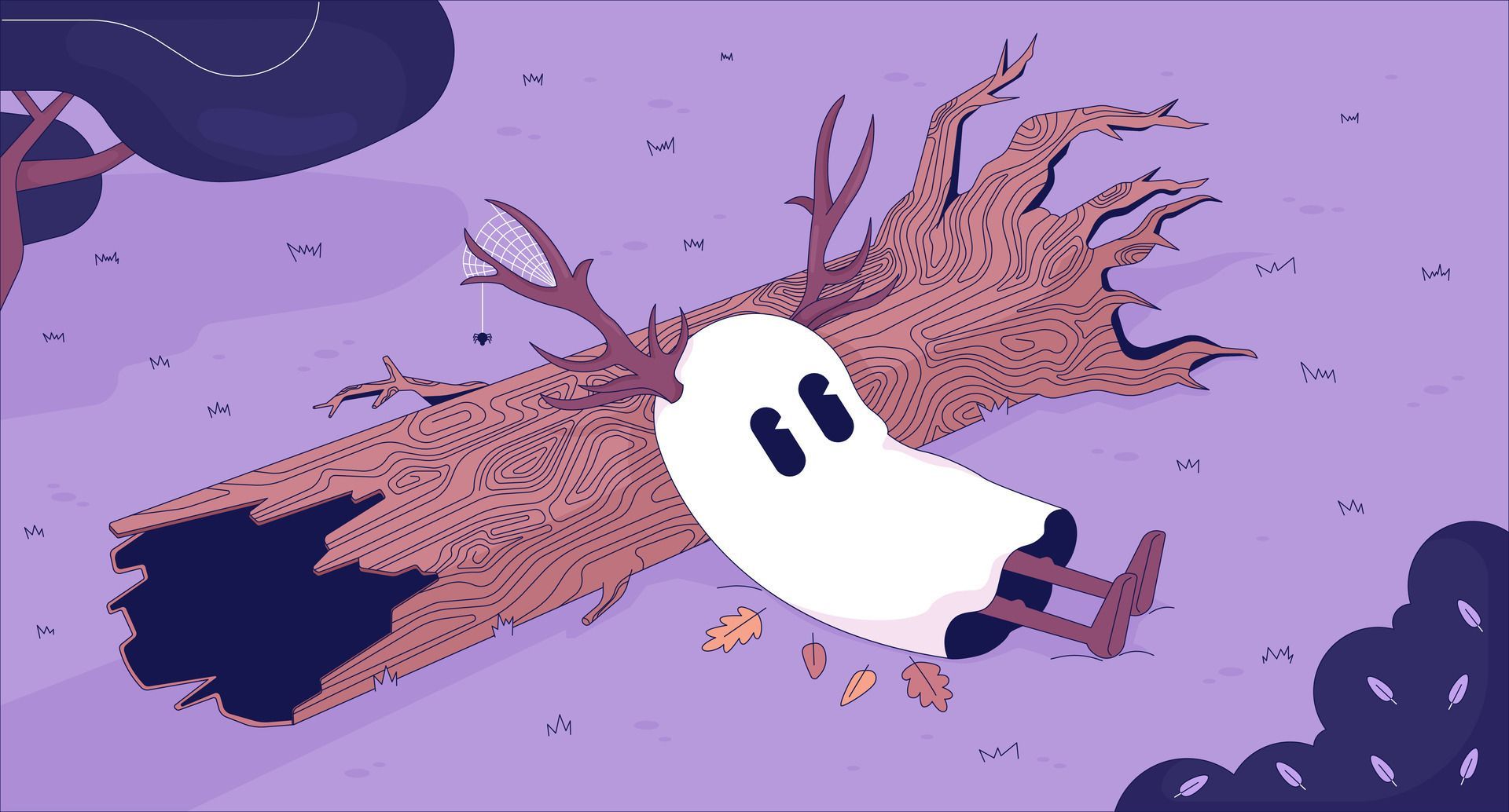 Cute ghost in melancholy autumn forest lofi wallpaper. Friendly spirit with deer antlers 2D character cartoon flat illustration. Fallen tree trunk chill vector art, lo fi aesthetic colorful background Vector Art