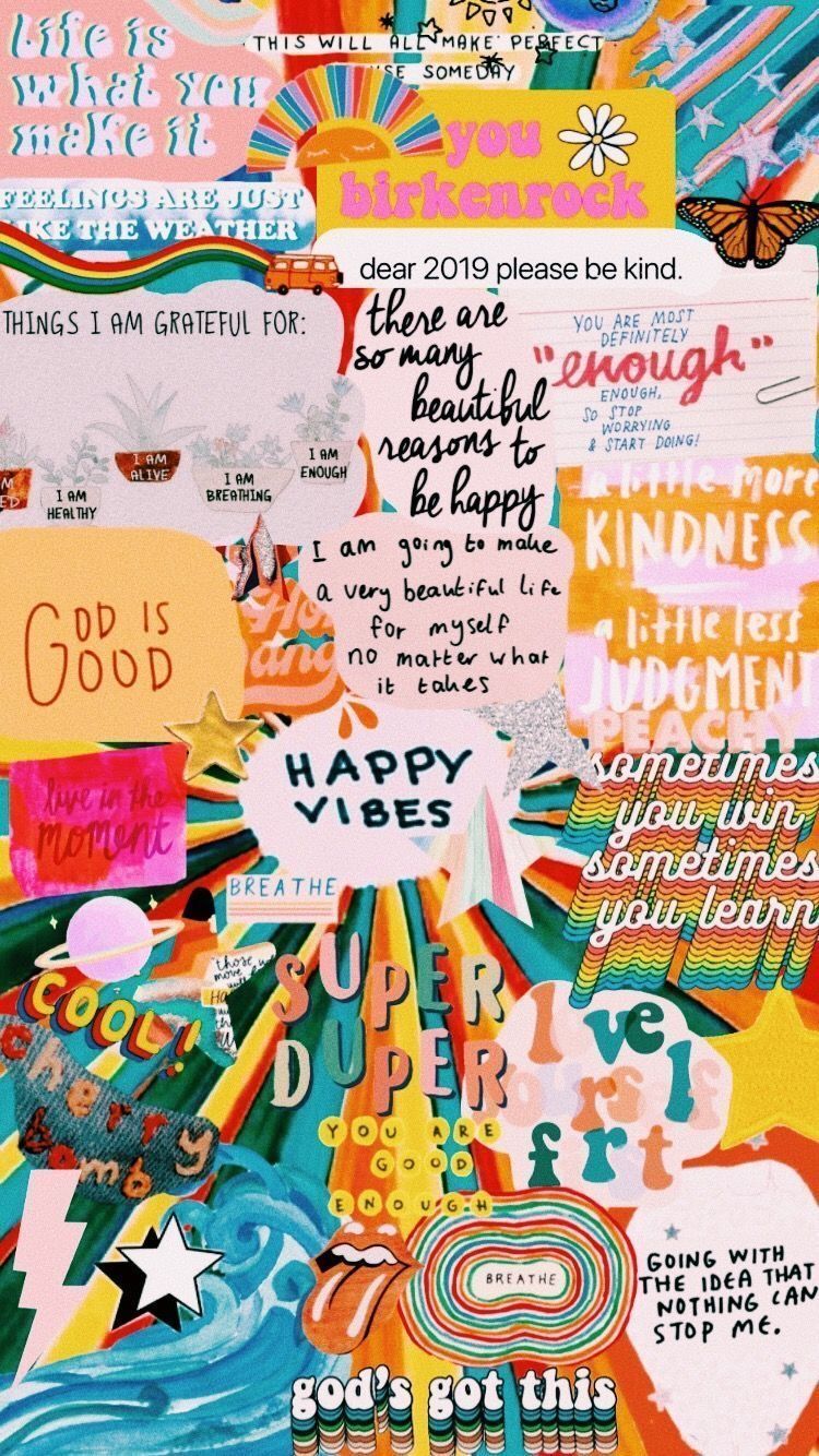 A collage of colorful positive affirmations including a butterfly, the words 