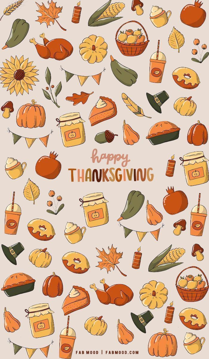 Thanksgiving phone background with cute fall elements like pumpkins, leaves, and a pie. - Thanksgiving, November, food