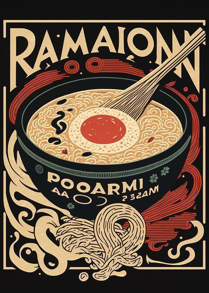 A poster for ramen noodles with chopsticks and spoon - Ramen