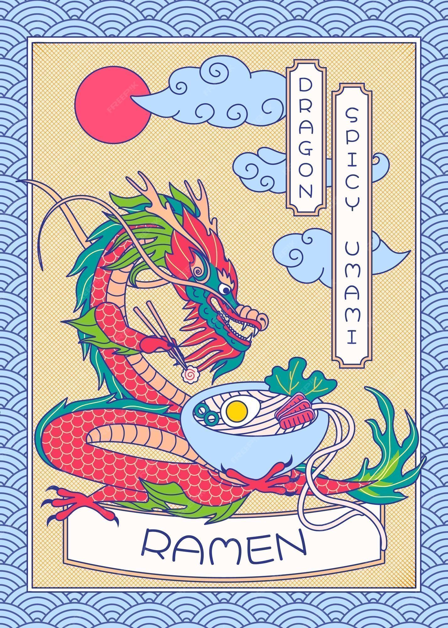 Premium Vector. Ramen poster japanese dragon eat gourmet dinner spicy umami and asian pattern frame vector illustration