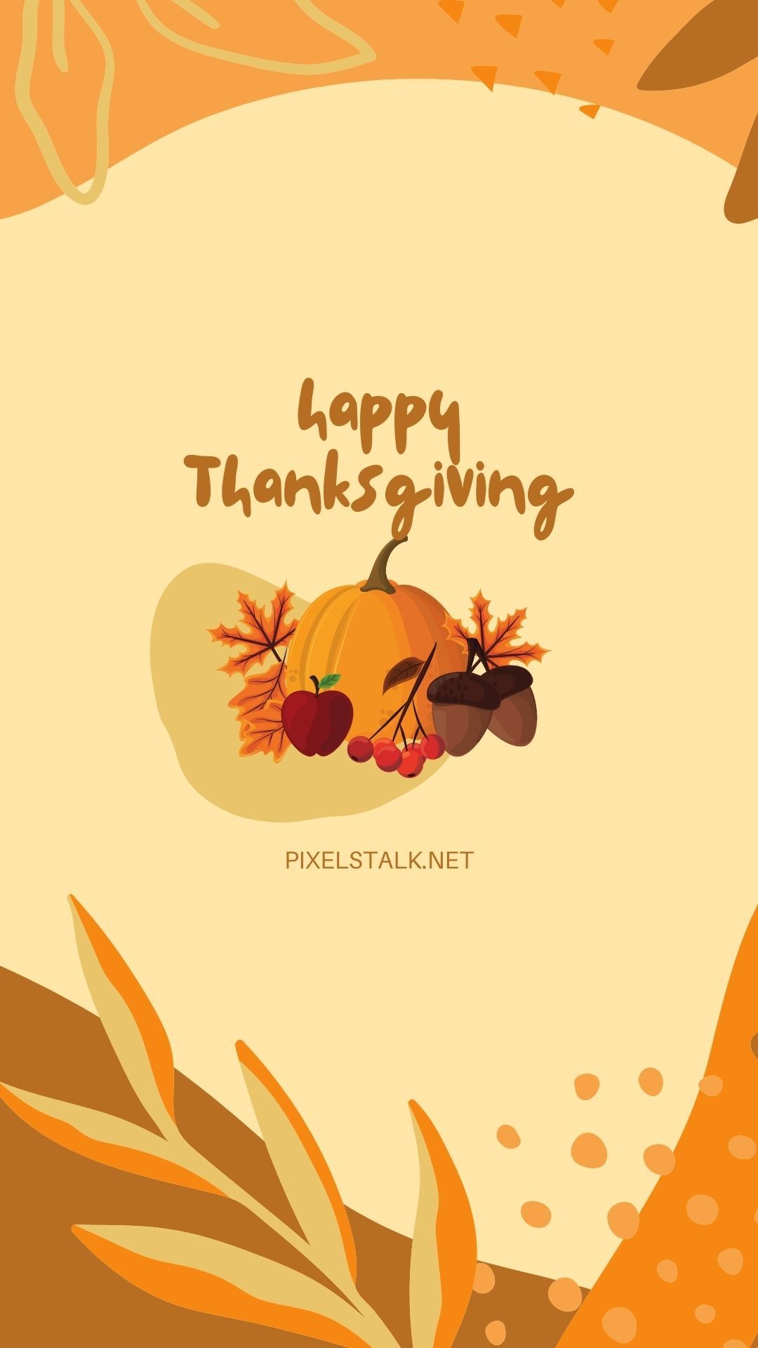 A poster with a white background and an orange border. It has a pumpkin, some gourds, and some leaves. - Thanksgiving