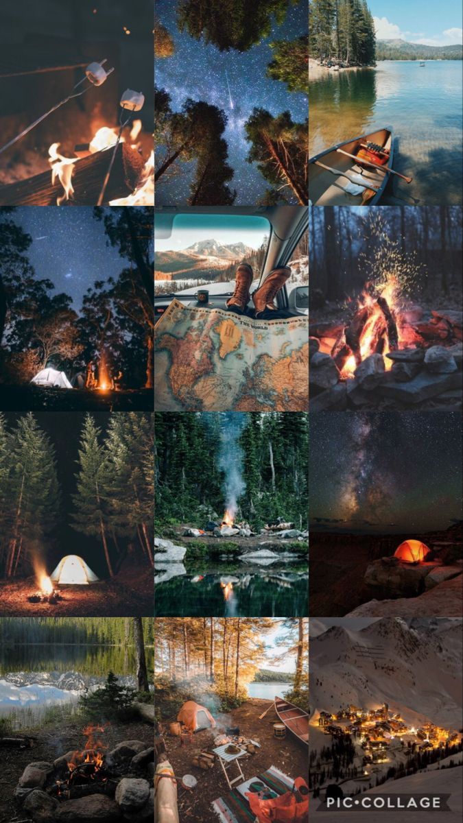 A collage of pictures showing different scenes - Camping