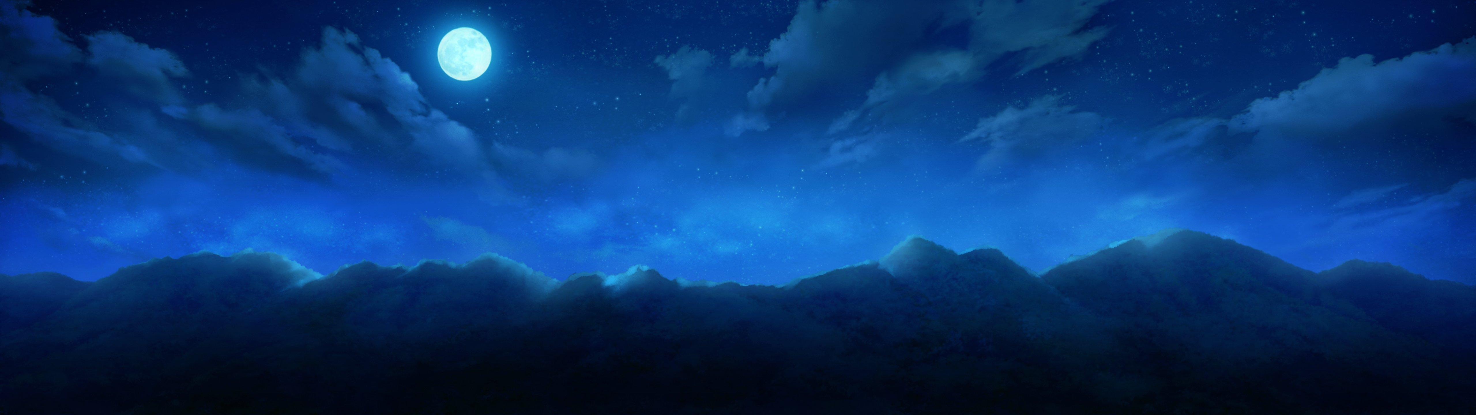 Anime scenery wallpaper of a full moon night with a mountain range - 5120x1440