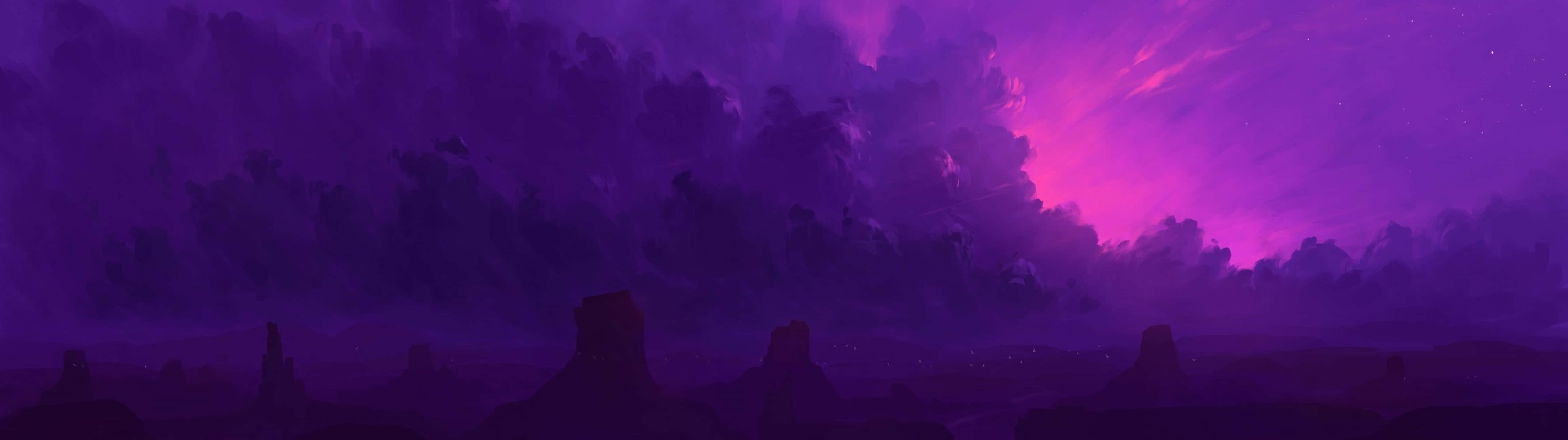 A purple and pink sky with a mountain range in the distance - 5120x1440