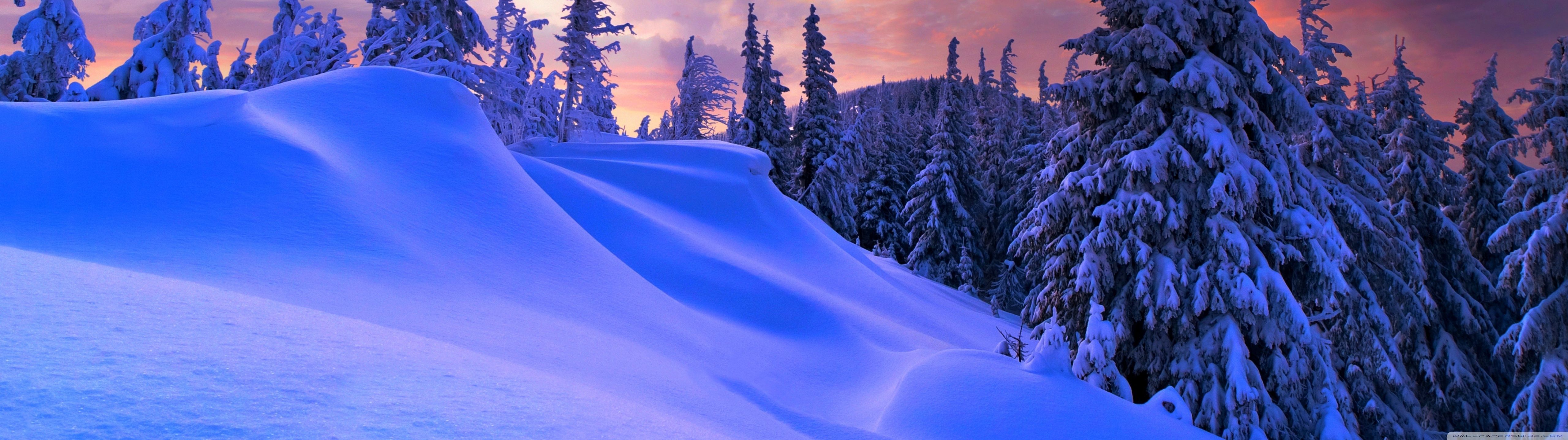 A snowy mountain with trees and sky - 5120x1440