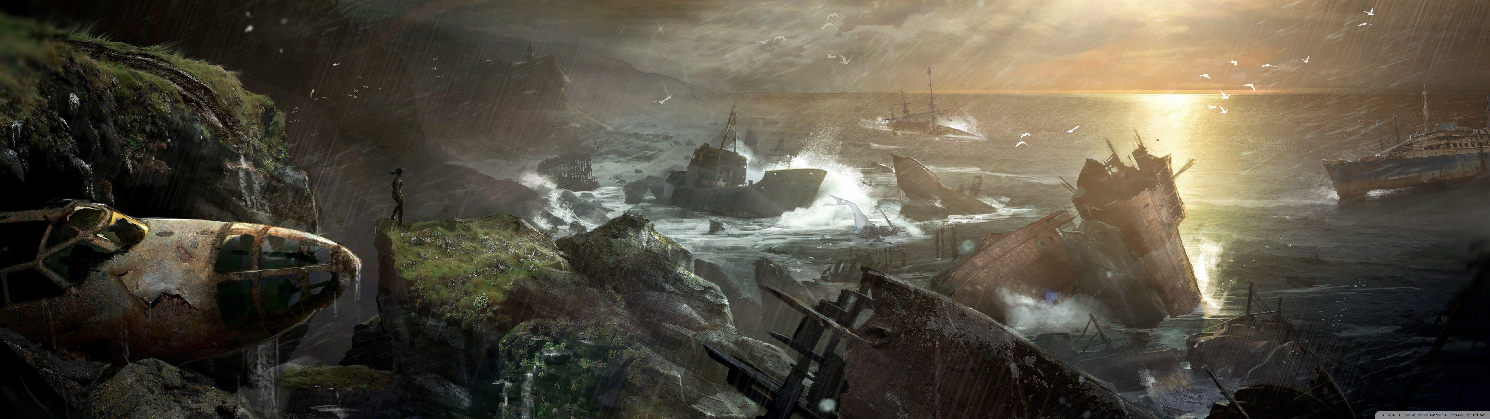2560x1440 wallpaper the sinking ship in the stormy sea - 5120x1440