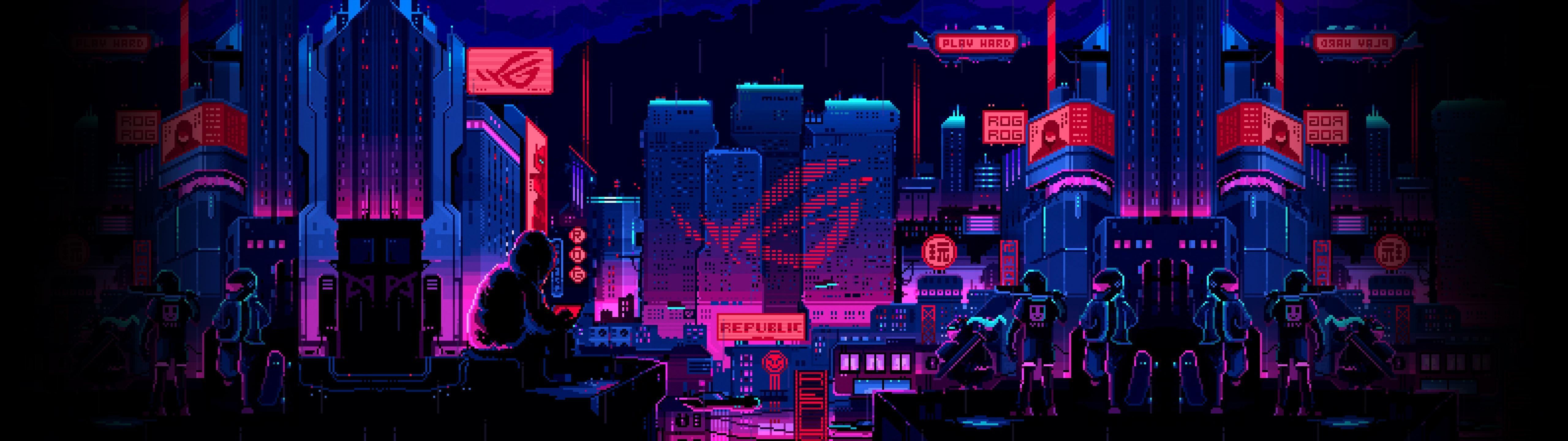 A cyberpunk city at night with neon lights and a group of people - 5120x1440
