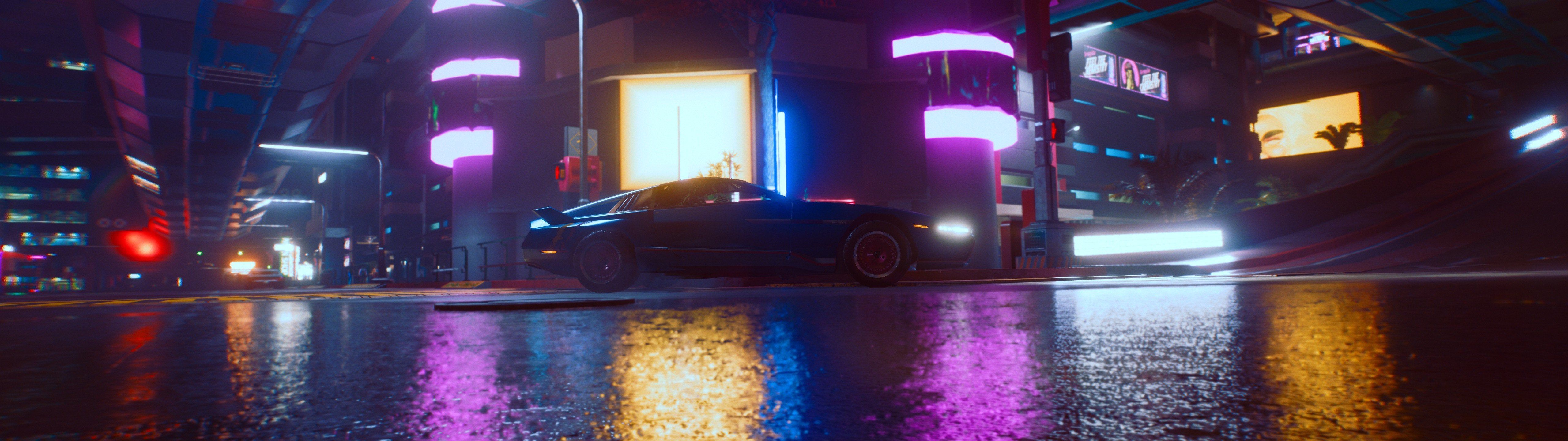 A car driving down the street in neon light - 5120x1440