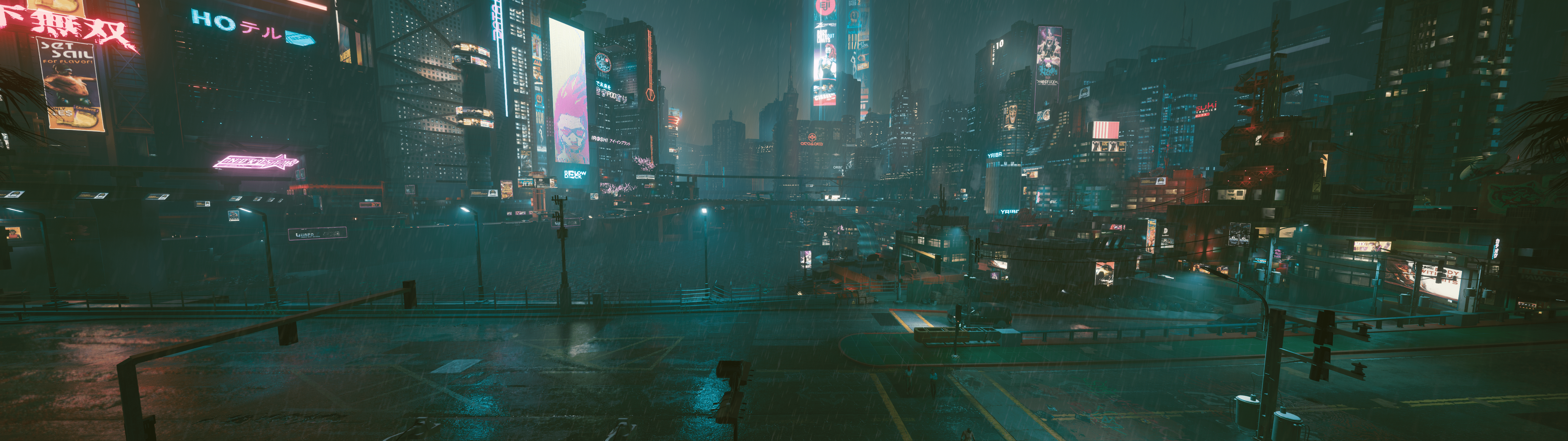 A city street with neon lights and buildings - 5120x1440