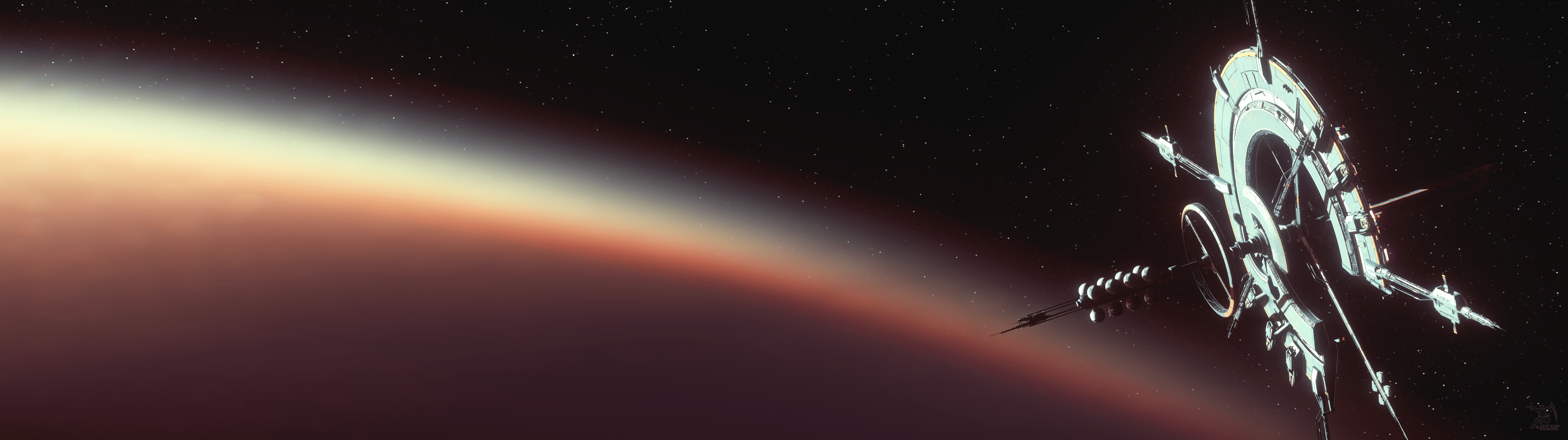 A space station orbits a red planet in this 3D illustration. - 5120x1440