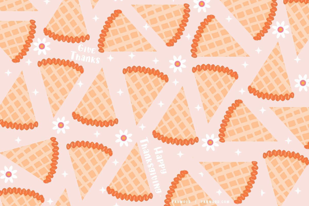 Give Thanks Thanksgiving desktop wallpaper with a pattern of orange pies on a pink background - Thanksgiving