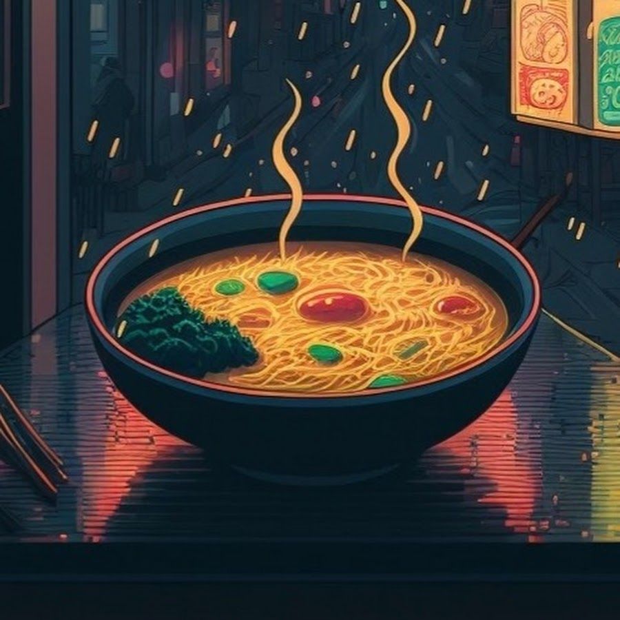 A steaming bowl of noodles sits on a table in a dark room. - Ramen