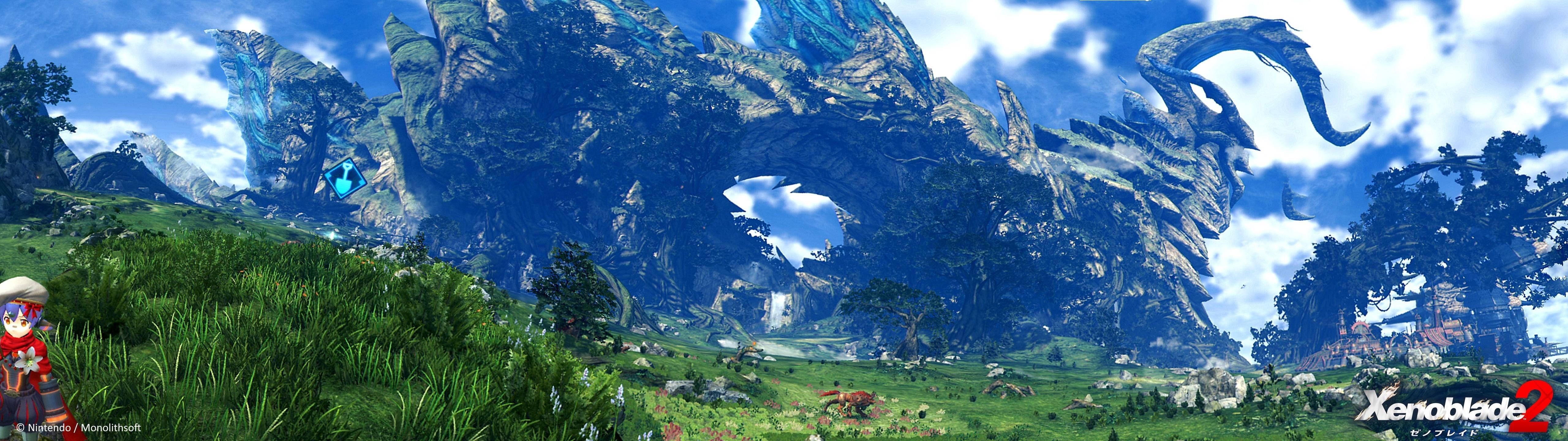A screenshot of the game, with mountains and trees in it - 5120x1440