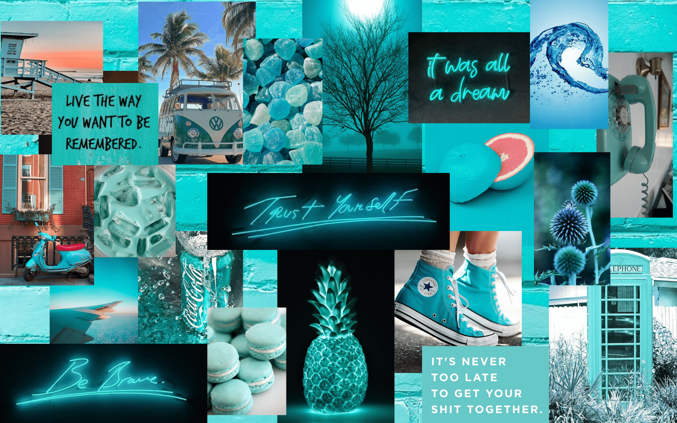 A collage of pictures with blue and green colors - Teal, turquoise