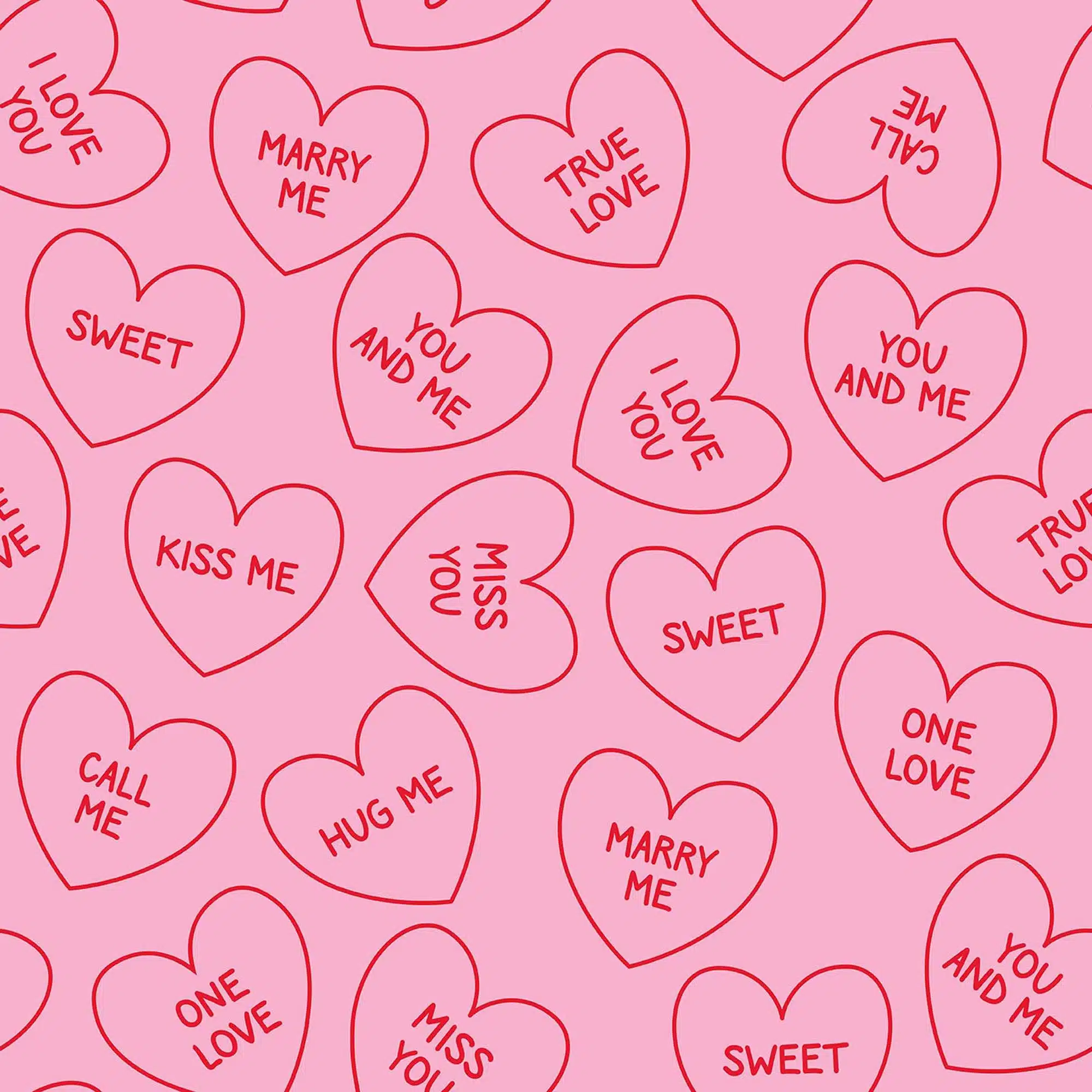 A pink background with red hearts that say different things on them - Valentine's Day