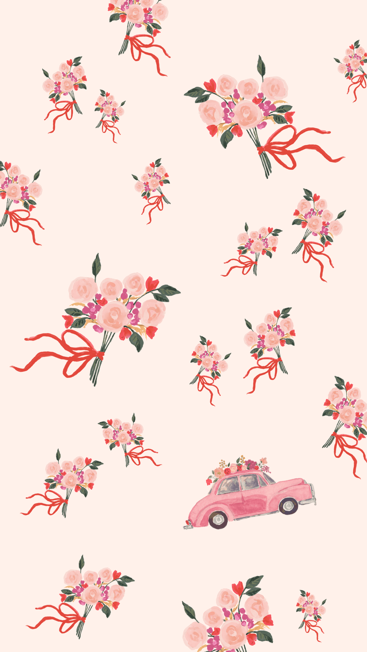 A pattern of pink flowers and a pink car on a pink background - Valentine's Day